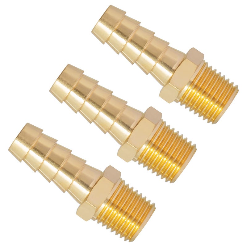 SUNGATOR 3-Pack 3/8 Inch Barb Ã— 1/4 Inch NPT Hose Barb Fittings, Brass Air Hose Pipe Adapter, 3/8" Barb to 1/4" NPT Male Air Line Repair Fittings - Image 1